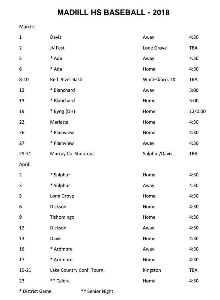 Baseball Schedule for Madill High School, Junior High in 2018 Released