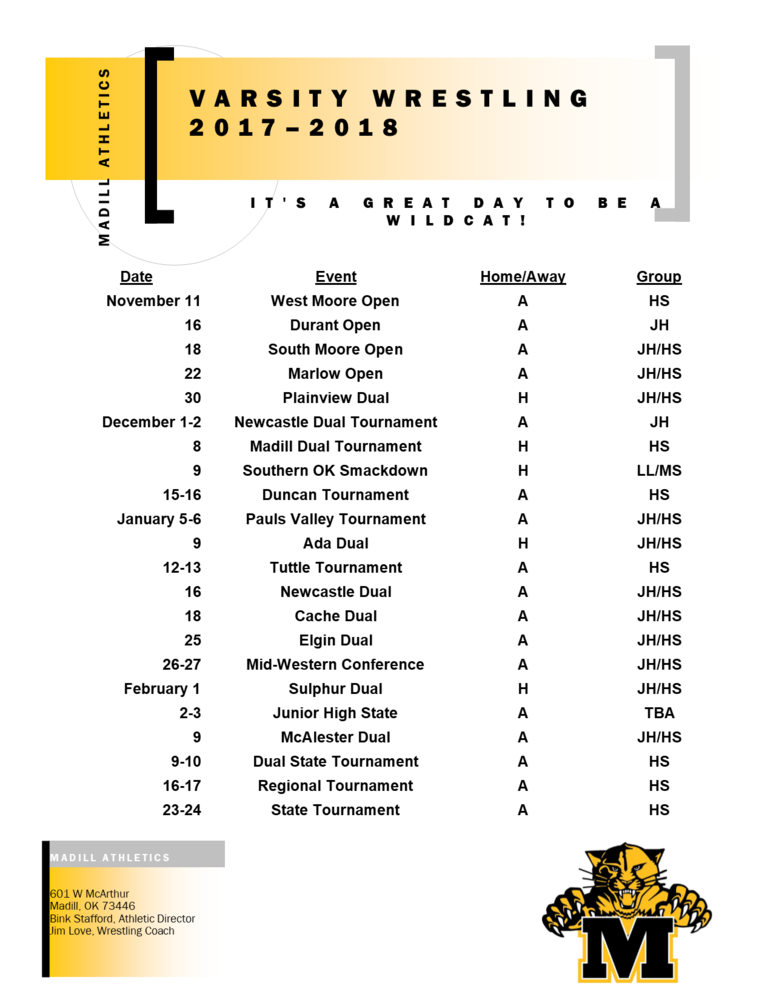 Madill Releases Varsity, Junior High Wrestling Schedule for 2017-18