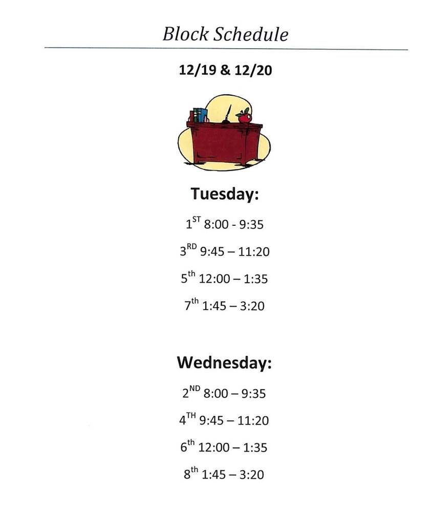 Block Schedule for High School Semester Tests Released