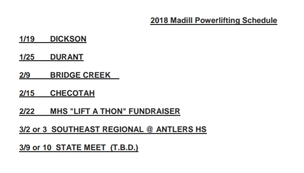 Madill Powerlifting Schedule for 2018 Released